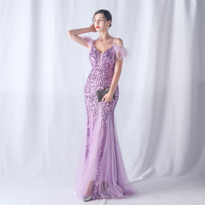 Cold Shoulder Feather Sequins Evening Gown (Purple) (Made To Order)