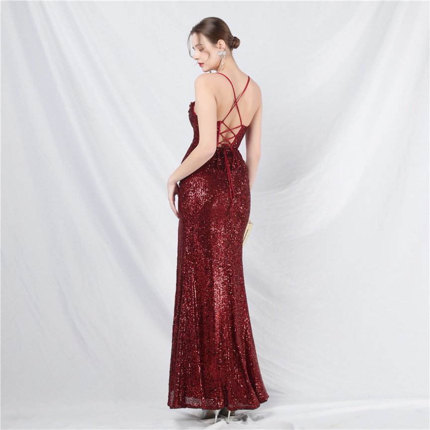Sequins Back Cross with Overlap Slit Evening Gown (Maroon) (Made To Order)