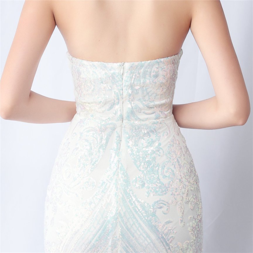 Strapless Sequins Frills Evening Gown (White) (Made To Order)