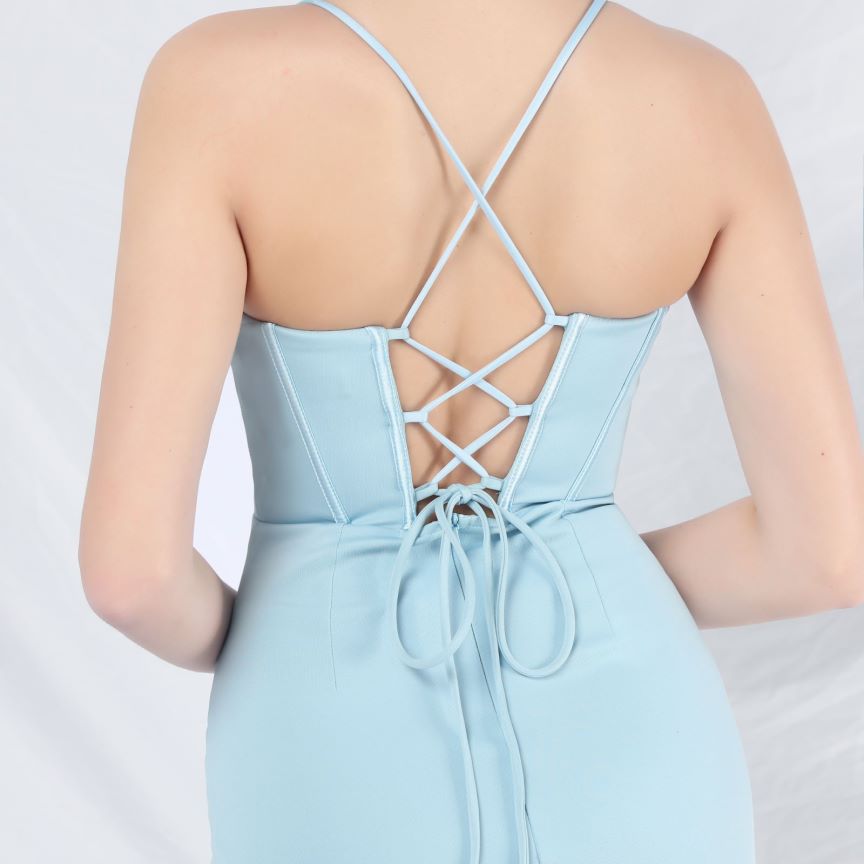 Spaghetti Back Cross Overlap Slit Evening Gown (Made To Order) (Baby Blue)