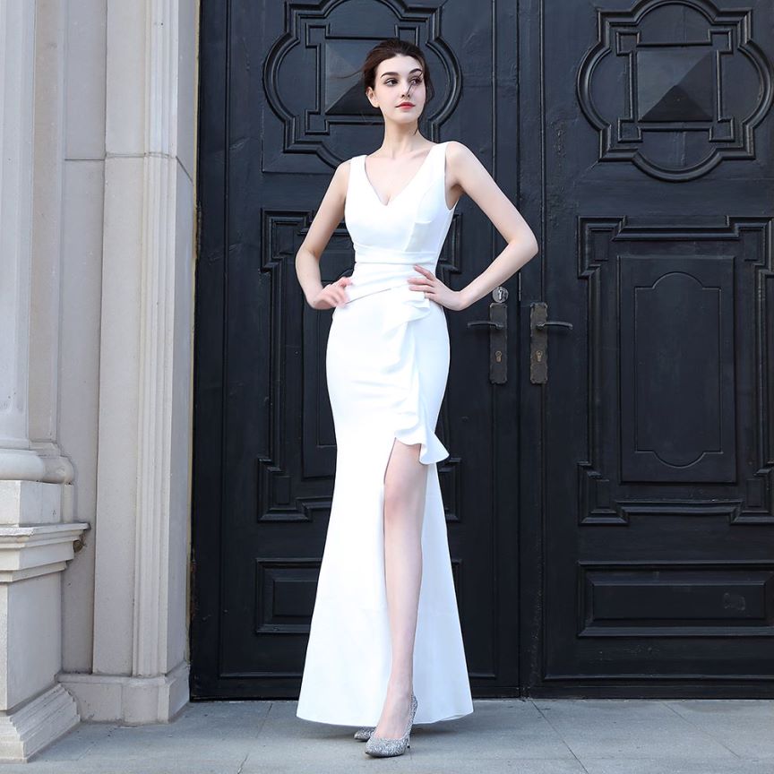 V-Neck Ruffles One Side Fitted Dinner Gown (White) (Made To Order)