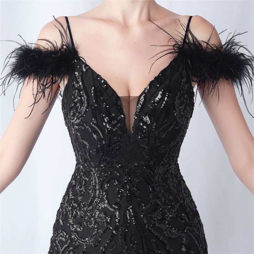 Cold Shoulder Feather Sequins Evening Gown (Black) (Made To Order)