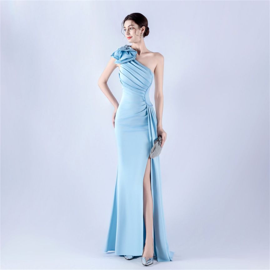 Gorgeous One Side Shoulder Evening Gown (Light Blue) (Made To Order)