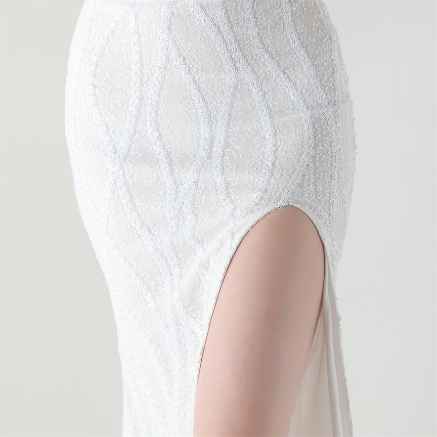 Strapless Sequins High Slit Evening Gown (White) (Retail)