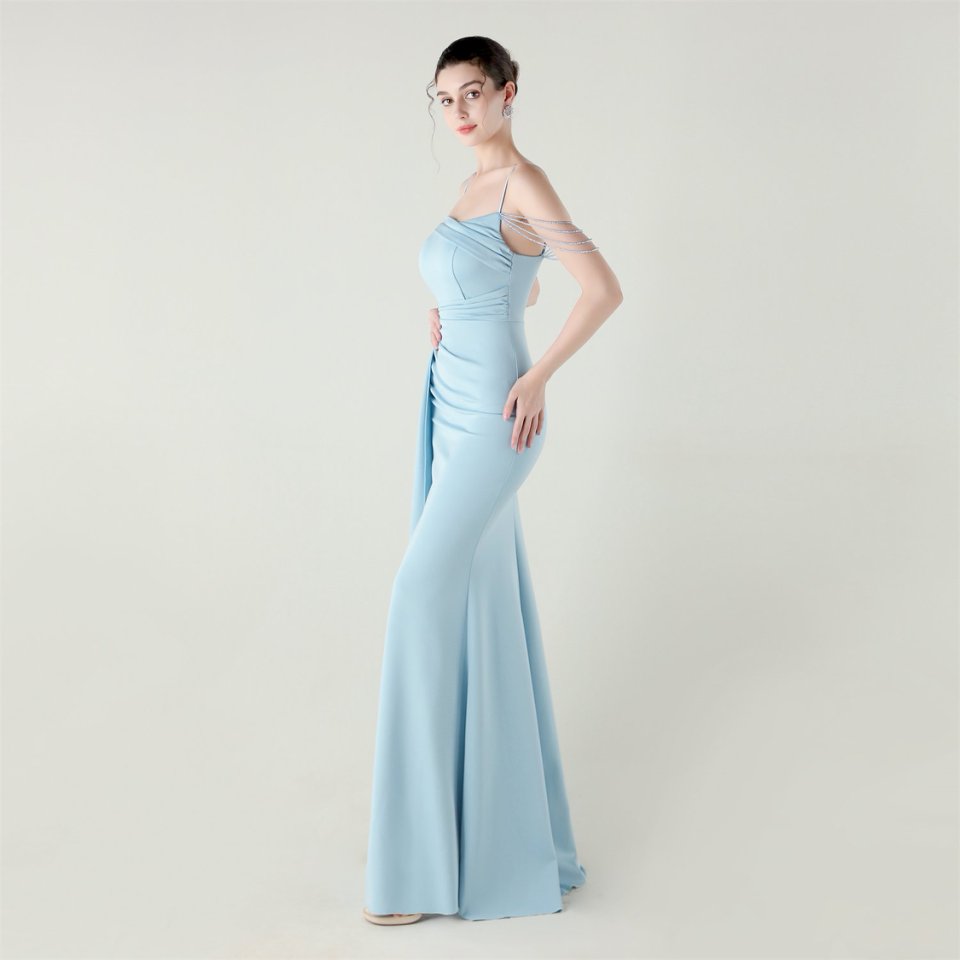 Crystal Beads Spaghetti Pleated Waist Evening Gown (Light Blue) (Retail)