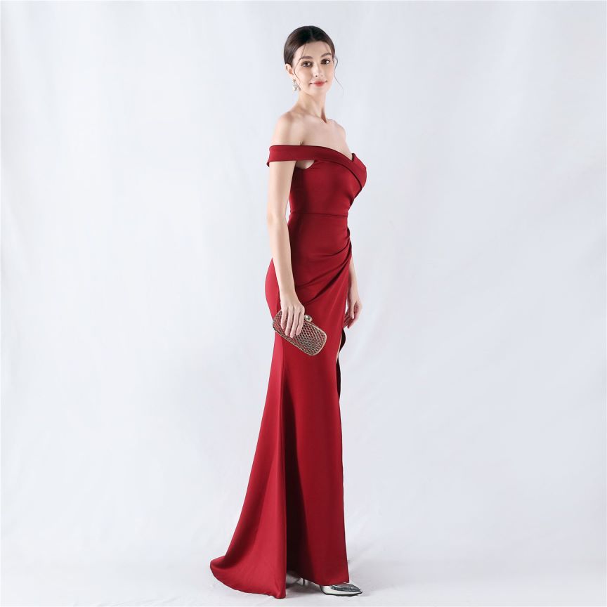 Pleated Off Shoulder Slim Evening Dress (Burgundy) (Made To Order)