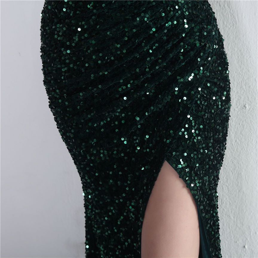 One Side Shoulder Sequins with Overlap Slit Evening Gowns (Green) (Made To Order)