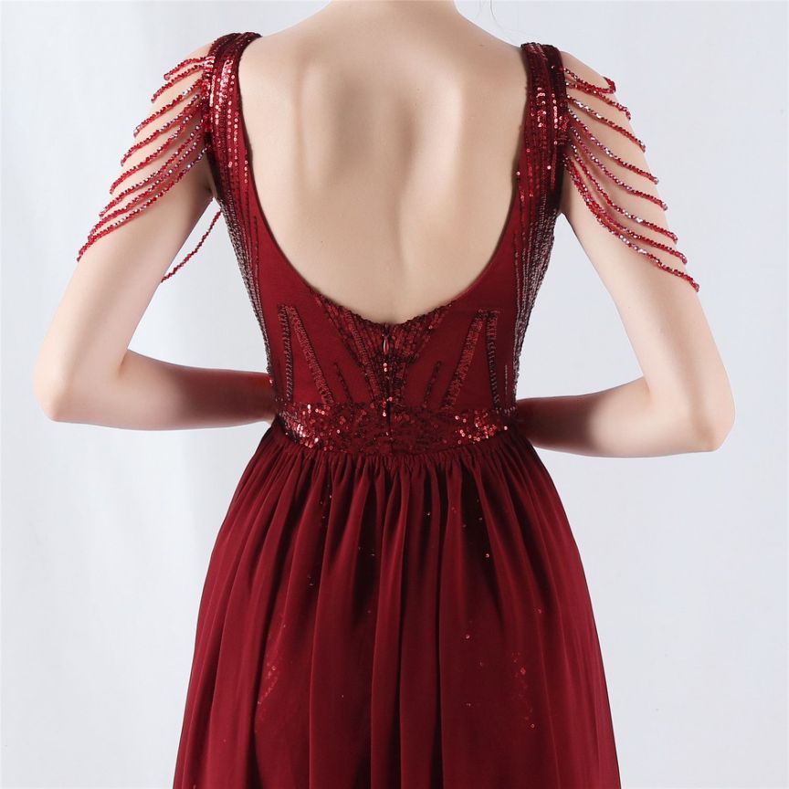 Elegant Crystal Beads Sequins Mermaid Cape Skirt Gown (Burgundy) (Made To Order)