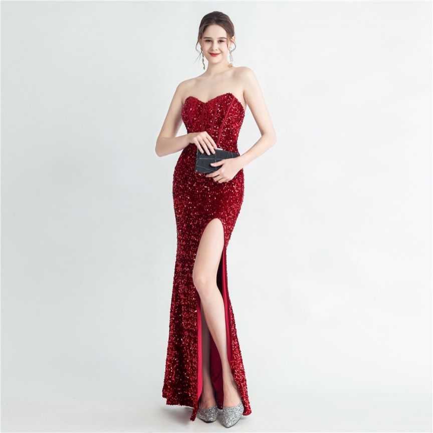 Strapless Corset Sequins with High Slit (Red) (Made To Order)