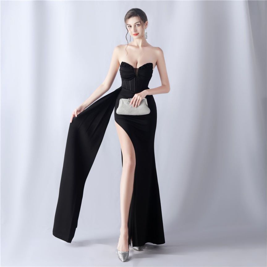 Strapless Sexy Corset With Side Split Evening Gown (Black) (Made To Order)