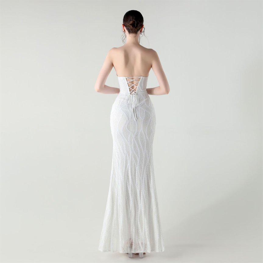 Strapless Sequins High Slit Evening Gown (White) (Retail)
