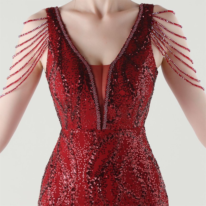 Fashion Crystal Beads with Splits Tail Evening Gown (Red) (Made To Order)