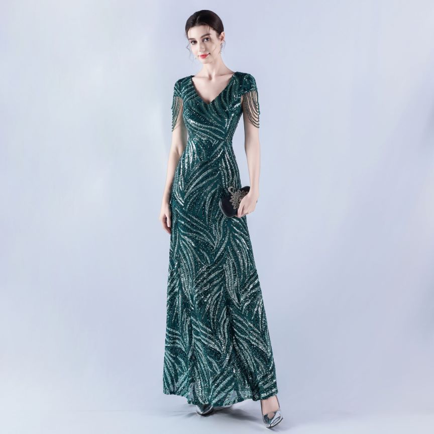 Sleeve Beads Sequins with A Line Evening Gown (Green) (Made To Order)