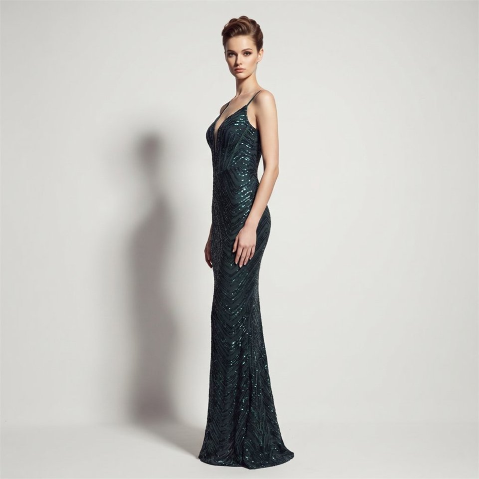 Deep V-Neck Sequin Evening Dress (Green) (Retail)