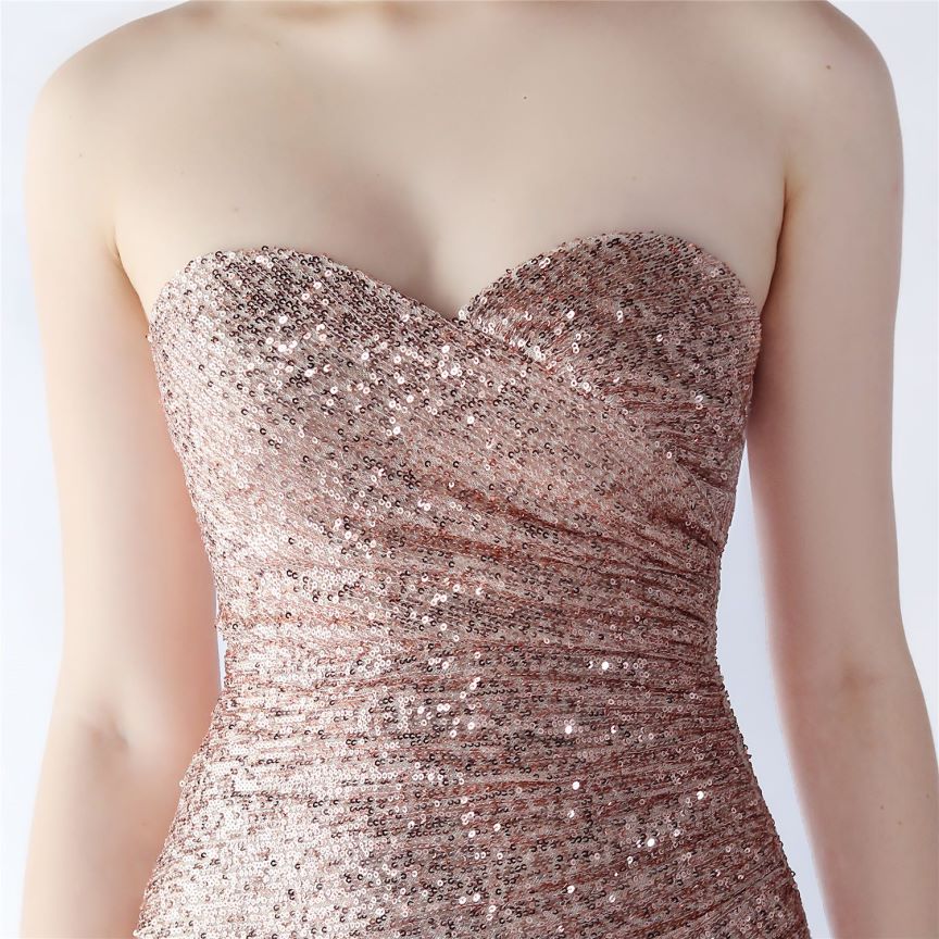 Strapless Sequins Bodyfit with Slit Evening Gown (Rosegold) (Made To Order)
