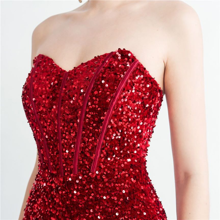 Strapless Corset Sequins with High Slit (Red) (Made To Order)