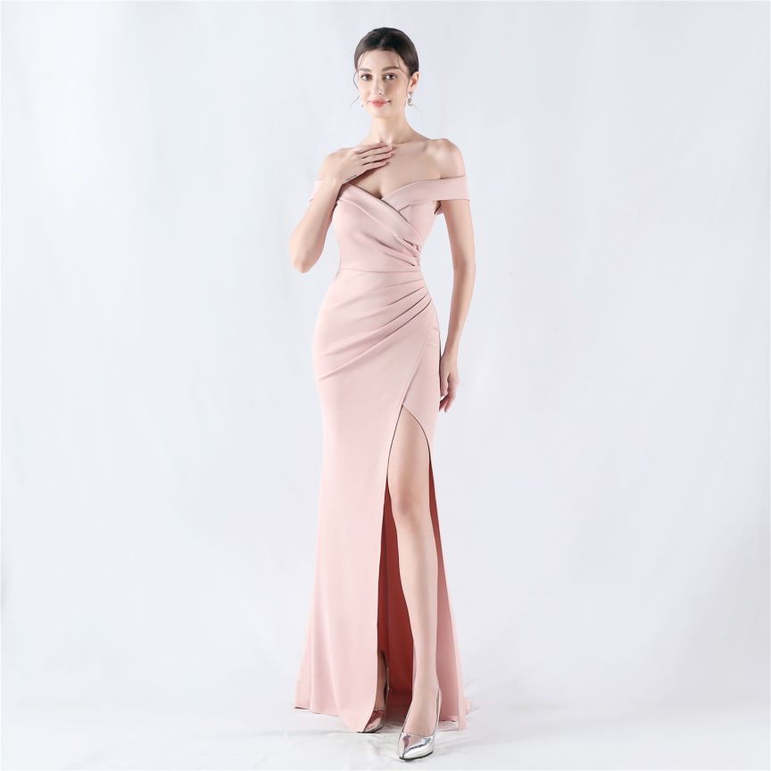 Pleated Off Shoulder Slim Evening Dress (Pink) (Made To Order)