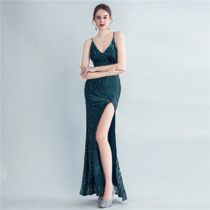 Spaghetti Back Tie Sequins Long Evening Gown (Green) (Made To Order)