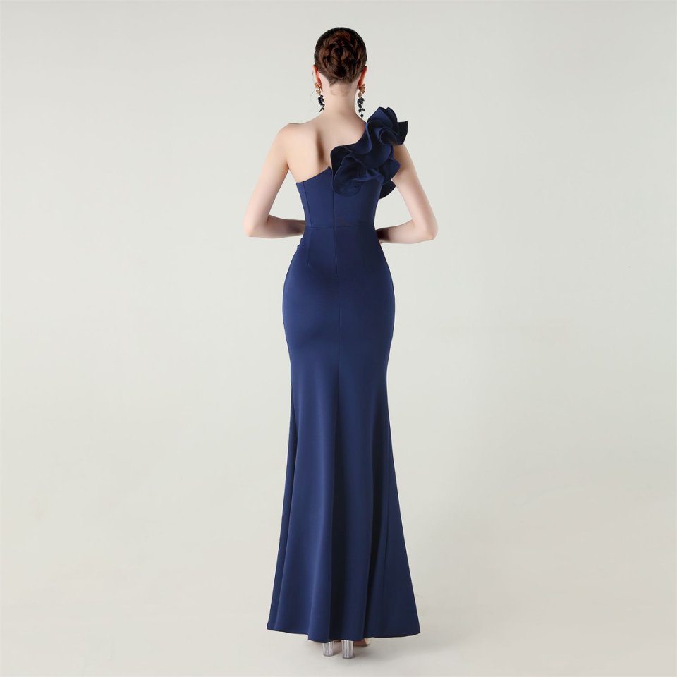 Gorgeous One Side Shoulder Fitting Evening Gown (Navy Blue) (Made To Order)