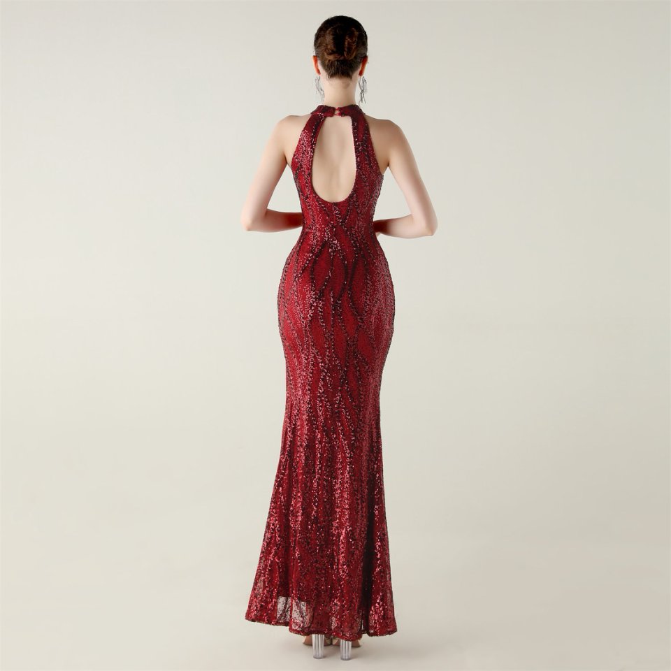 Halter Neck Sequins Backless Fitted Evening Gown (Red) (Made To Order)