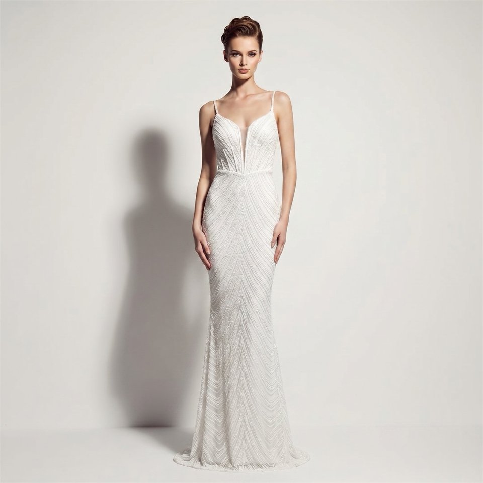 Deep V-Neck Sequin Evening Dress (White) (Made To Order)