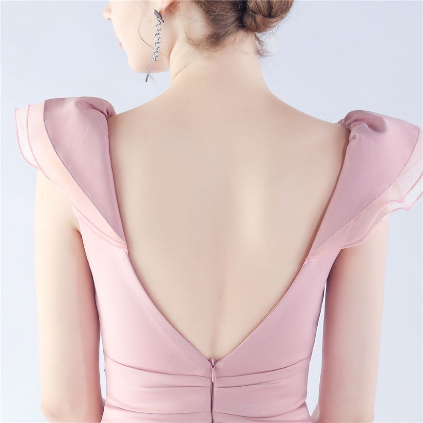 Ruffles Shoulder With Low Back Fitted Evening Gown (Dusty Pink) (Retail)