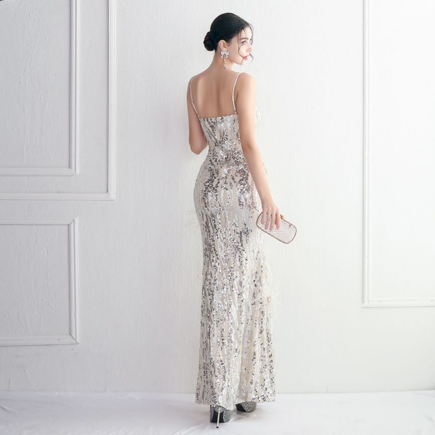 Spaghetti With Flower Feather Slit Sequins Gown (Silver) (Made To Order)