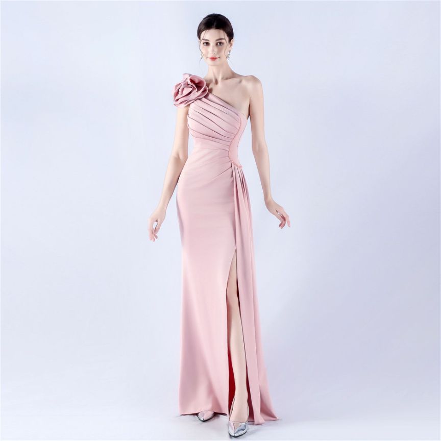 Gorgeous One Side Shoulder Evening Gown (Light Pink) (Made To Order)