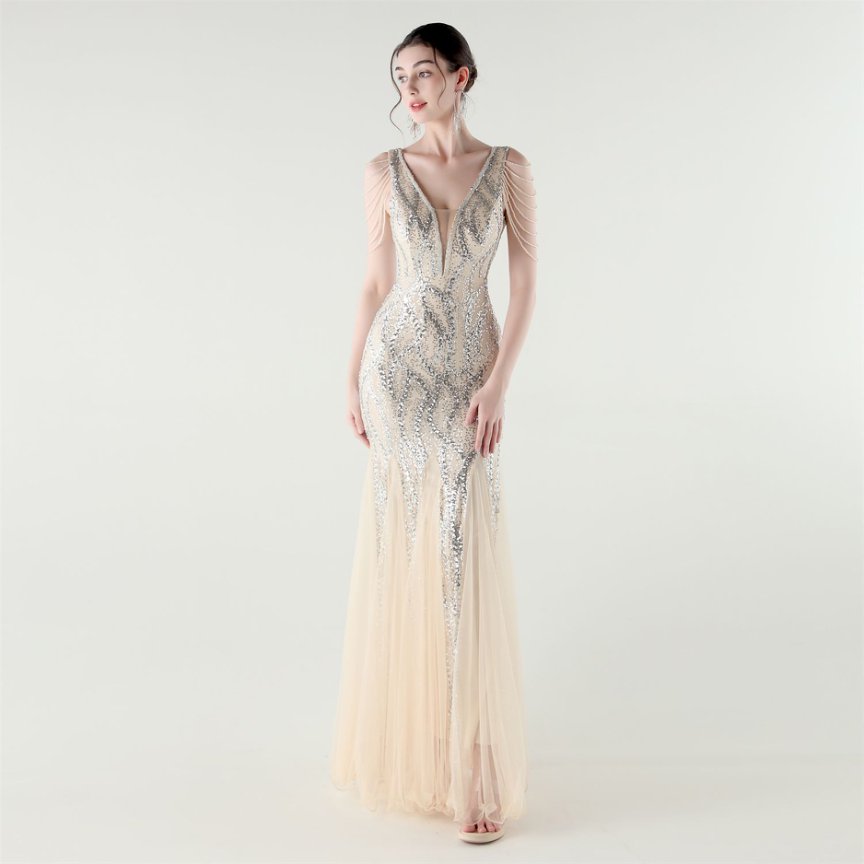 Fashion Crystal Beads with Splits Tail Evening Gown (Silver) (Made To Order)