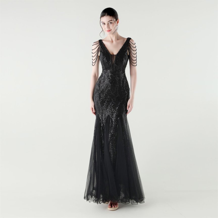 Fashion Crystal Beads with Splits Tail Evening Gown (Black) (Made To Order)