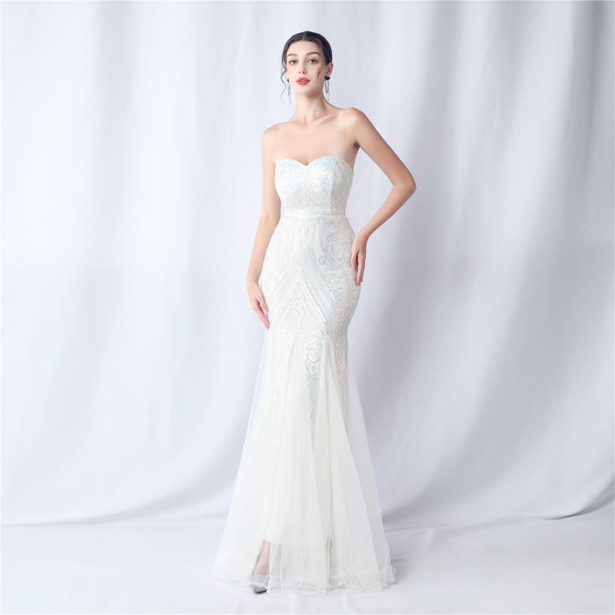 Strapless Sequins Frills Evening Gown (White) (Made To Order)