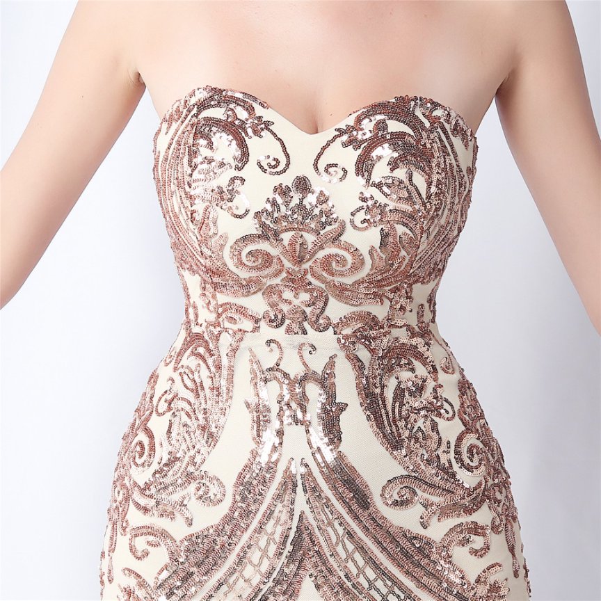 Strapless Sequins Frills Evening Gown (Rose Gold) (Made To Order)