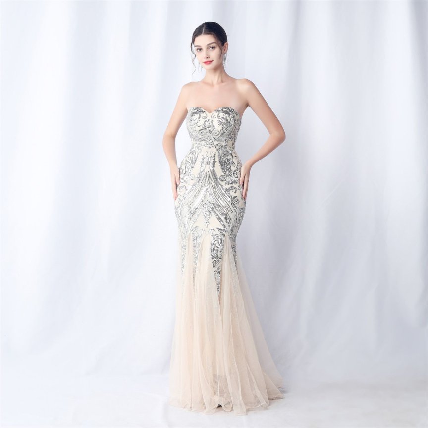Strapless Sequins Frills Evening Gown (Silver) (Made To Order)