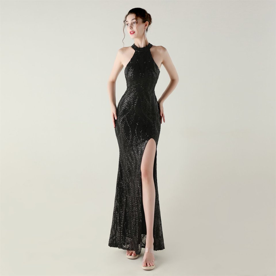 Halter Neck Sequins Backless Fitted Evening Gown (Black) (Made To Order)