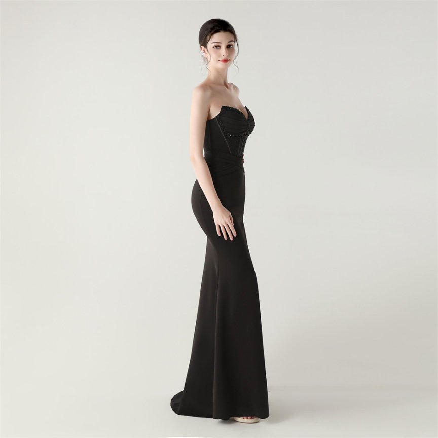 Strapless Rhine Stones Pleated Corset Evening Gown (Black) (Made To Order)