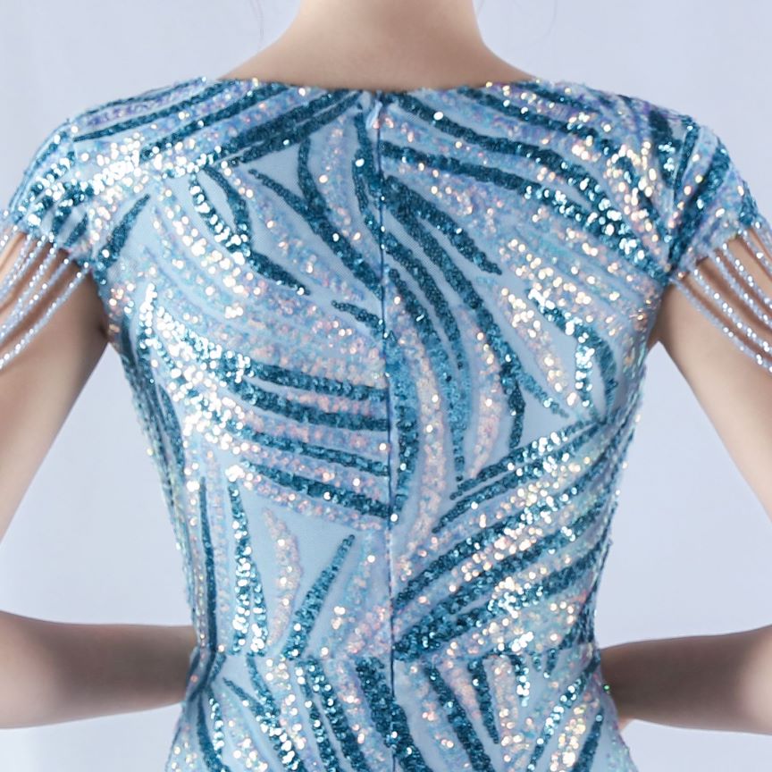 Sleeve Beads Sequins with A Line Evening Gown (Light Blue) (Made To Order)