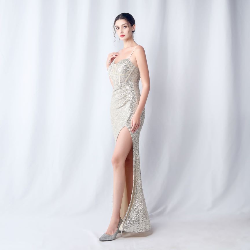 Glamorous Spaghetti Sequins Evening Gown (Silver) (Made To Order)