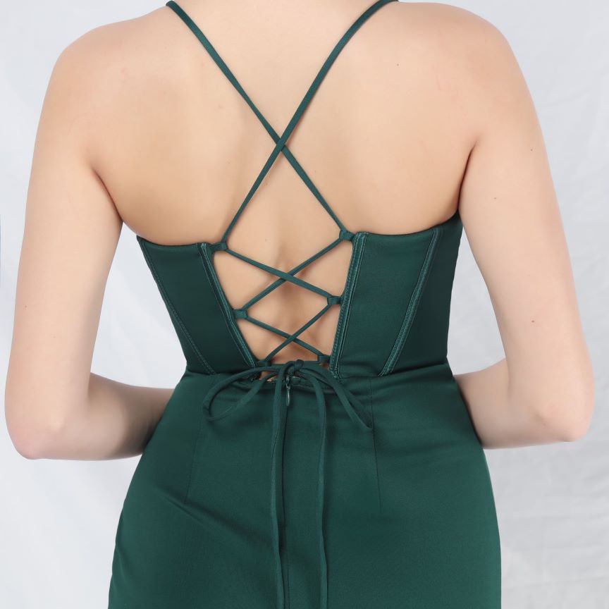 Spaghetti Back Cross Overlap Slit Evening Gown (Made To Order) (Green)