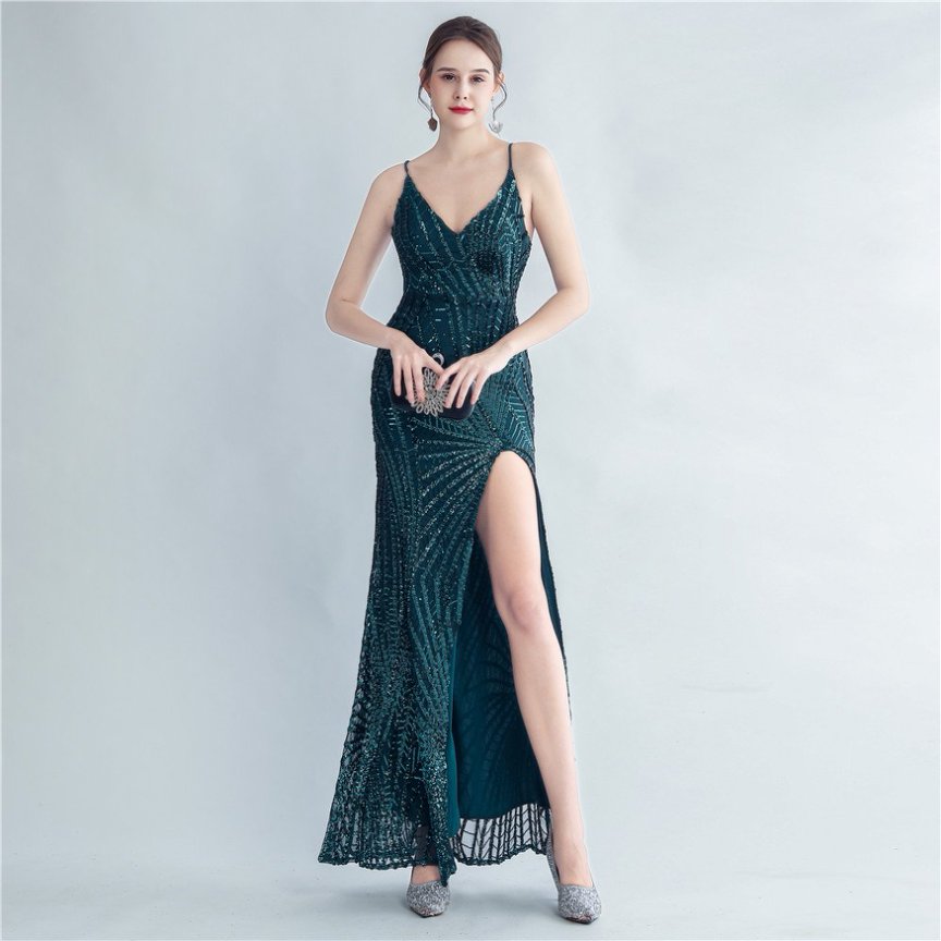 Spaghetti Back Tie Sequins Long Evening Gown (Green) (Made To Order)