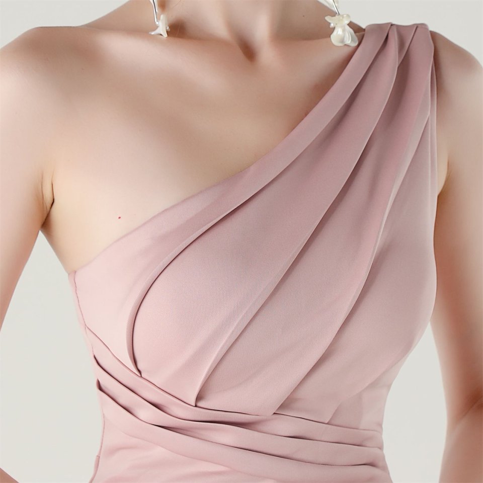 One Side Shoulder Pleated Evening Gown (Pink) (Made To Order)