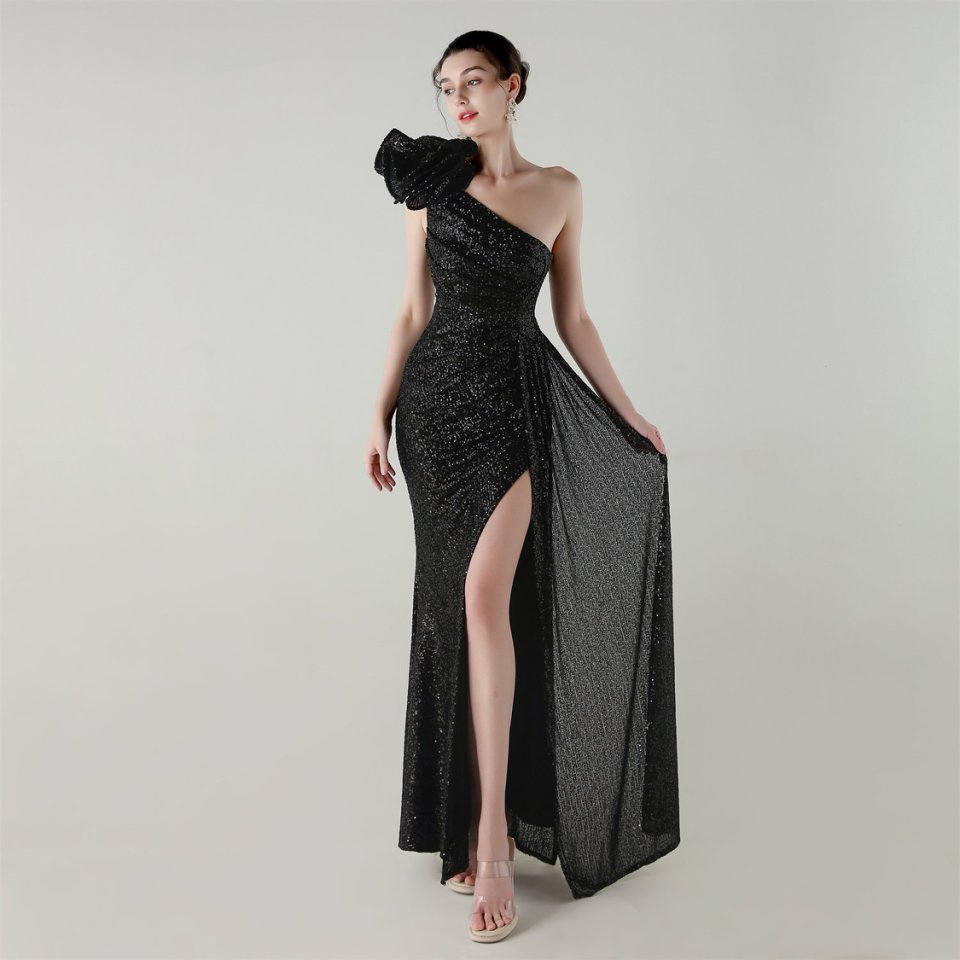 Gorgeous One Side Shoulder Pleated Sequins Evening Gown (Black) (Made To Order)