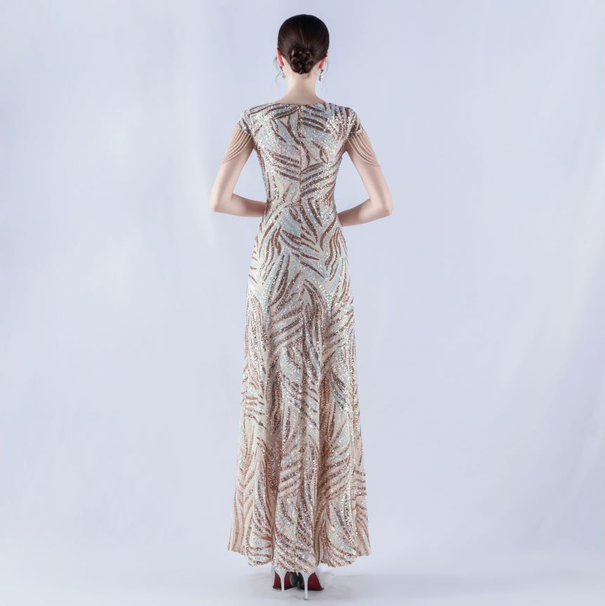 Sleeve Beads Sequins with A Line Evening Gown (Gold) (Made To Order)