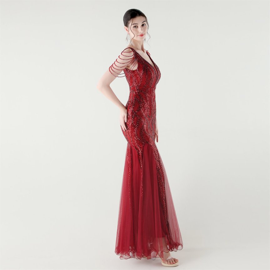 Fashion Crystal Beads with Splits Tail Evening Gown (Red) (Made To Order)
