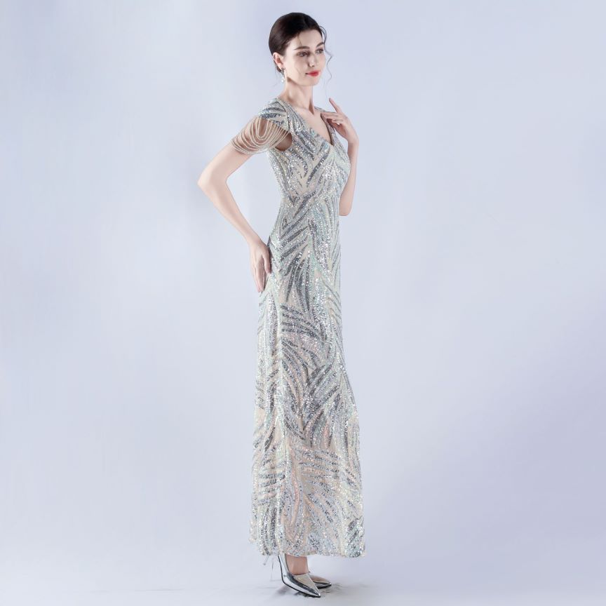 Sleeve Beads Sequins with A Line Evening Gown (Silver) (Made To Order)