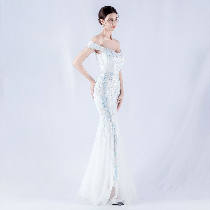 Off Shoulder Sequins Tulle Evening Gown (White) (Made To Order)