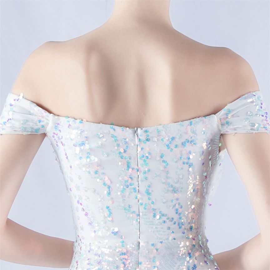 Off Shoulder Sequins Tulle Evening Gown (White) (Made To Order)