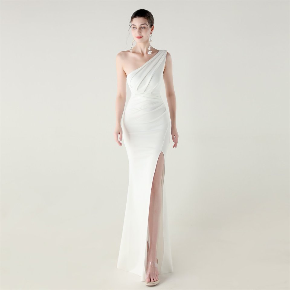 One Side Shoulder Pleated Evening Gown (White) (Made To Order)