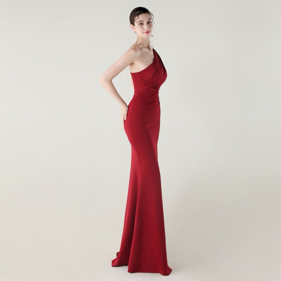 One Side Shoulder Pleated Evening Gown (Maroon) (Made To Order)