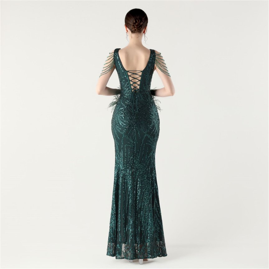 Image 13: Glamour Sequin Feather Waist & Beaded Shoulder Chains Evening Gown (Green) (Made To Order)