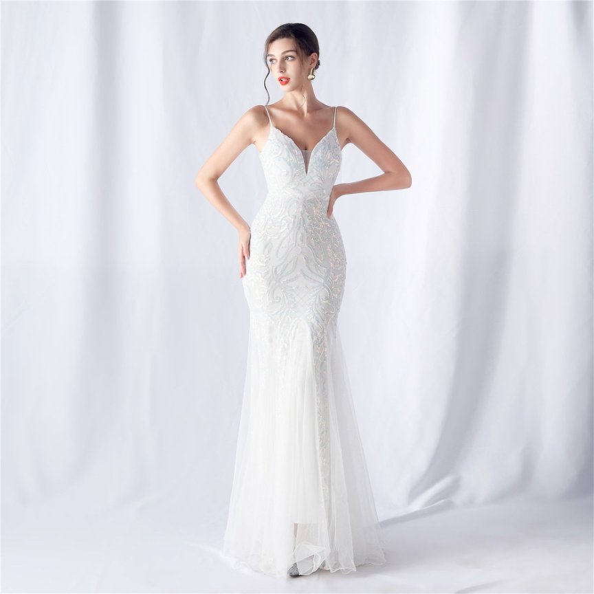 Spaghetti Sequins White Gown with Tulle Skirt Evening Gown (Made To Order)